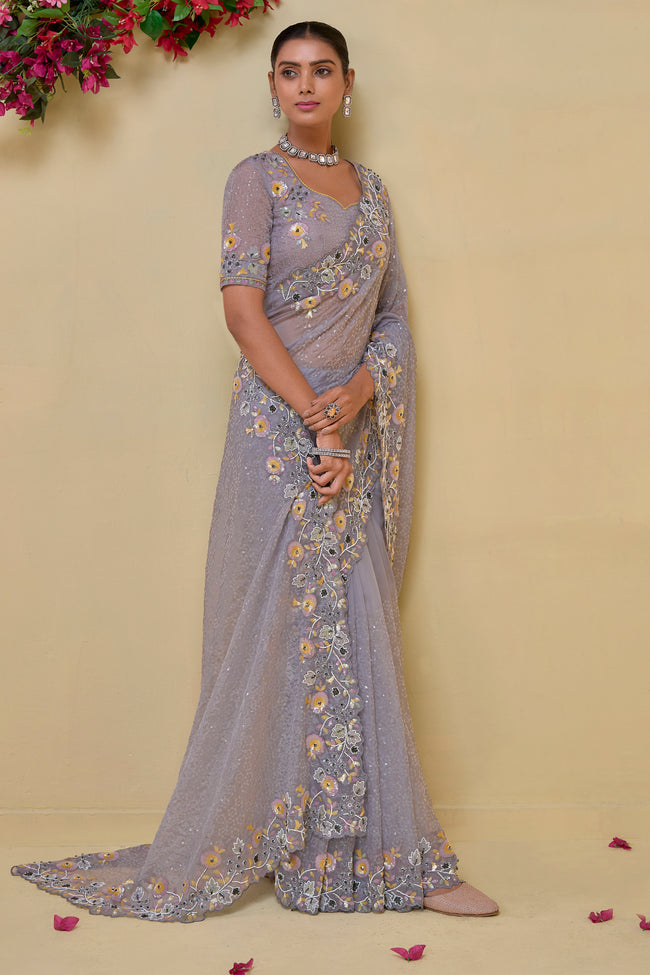 Light Grey Embroidered Organza Saree With Blouse