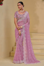 Light Pink Embroidered Organza Saree With Blouse Piece