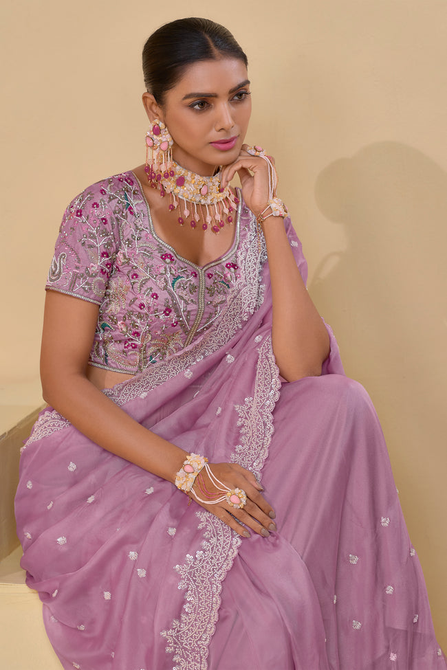 Light Pink Embroidered Organza Saree With Blouse Piece