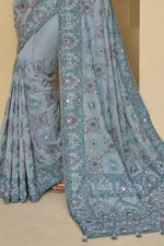 Dark Grey Designer Embroidered Organza Saree