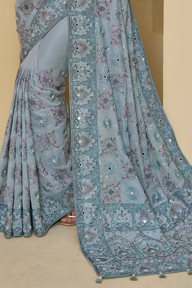 Dark Grey Designer Embroidered Organza Saree