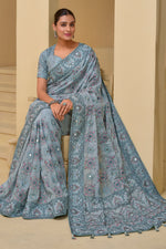 Dark Grey Designer Embroidered Organza Saree