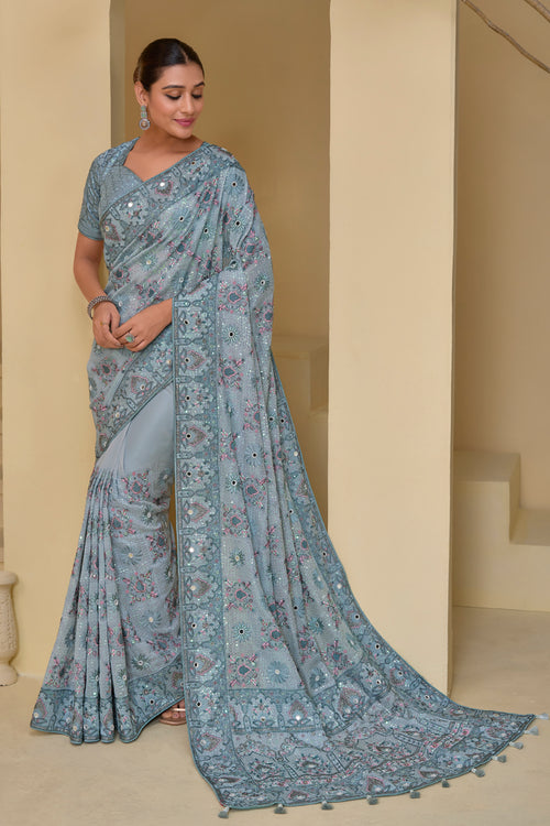 Dark Grey Designer Embroidered Organza Saree