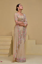 Beige Embroidered Organza Saree With Blouse