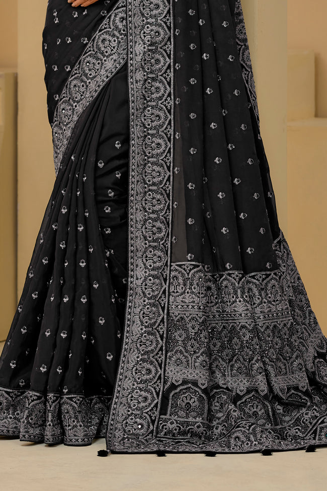 Black Embroidered Organza Saree