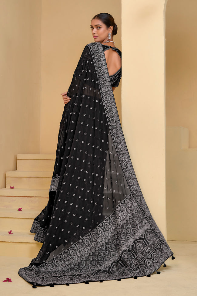 Black Embroidered Organza Saree