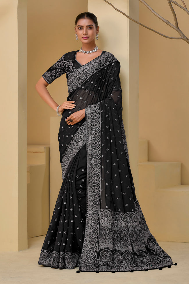 Black Embroidered Organza Saree