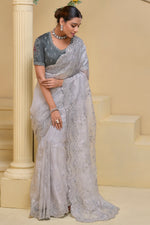 Silver Embroidered Organza Saree With Grey Blouse Piece