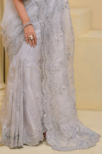 Silver Embroidered Organza Saree With Grey Blouse Piece