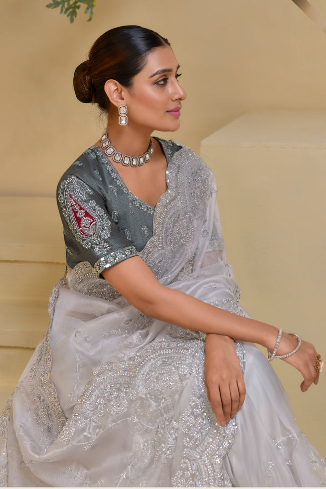 Silver Embroidered Organza Saree With Grey Blouse Piece