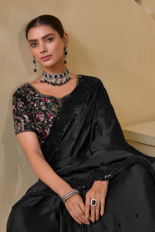 Black Embroidered Border Organza Saree