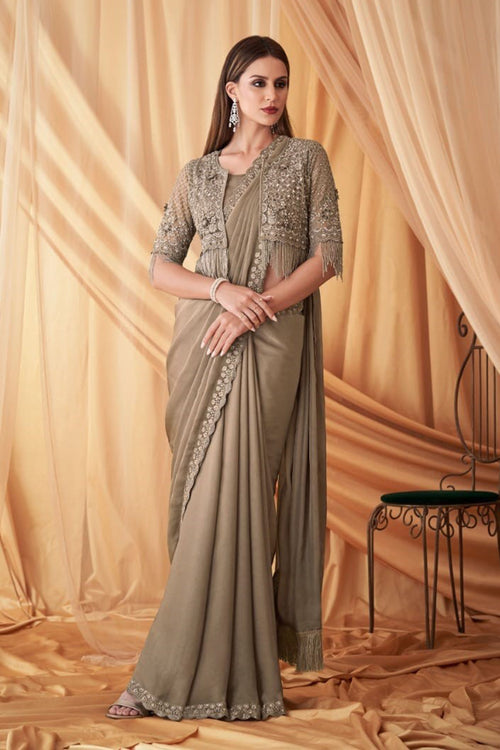Dark Tan Wedding Wear Embroidered Saree In Chiffon Silk