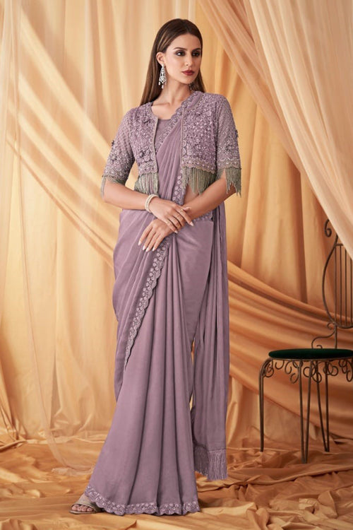 Lavender Wedding Wear Embroidered Saree In Chiffon Silk