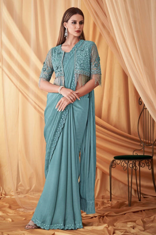Light Sea Wedding Wear Embroidered Saree In Chiffon Silk