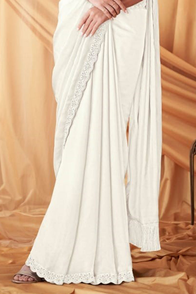 Cream Wedding Wear Embroidered Saree In Chiffon Silk