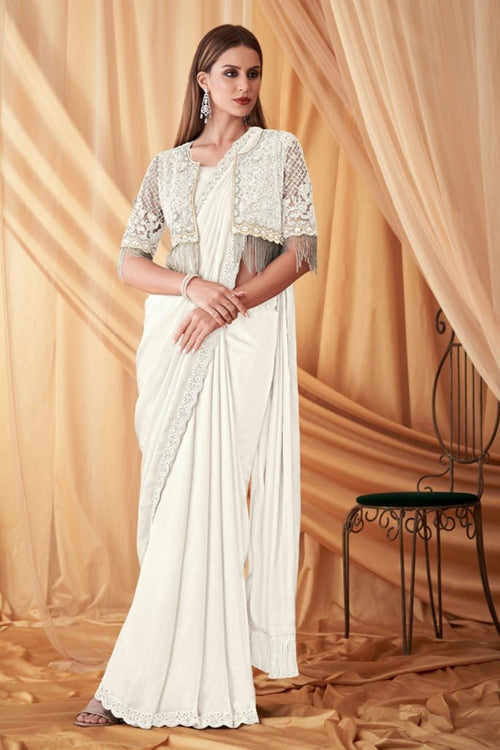 Cream Wedding Wear Embroidered Saree In Chiffon Silk