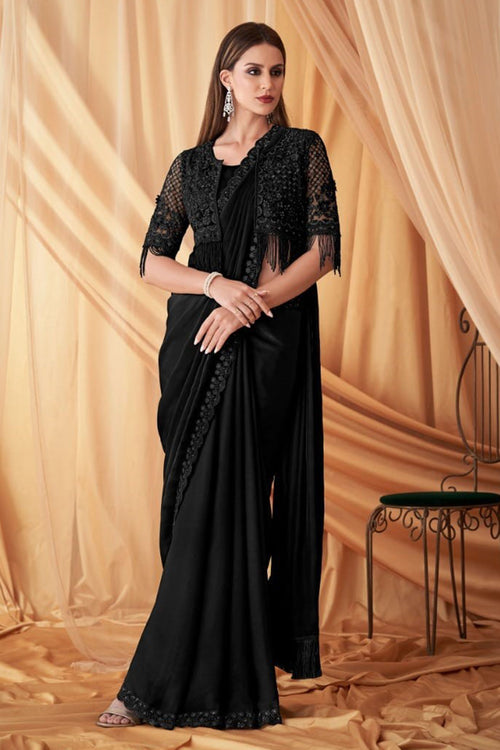 Black Wedding Wear Embroidered Saree In Chiffon Silk