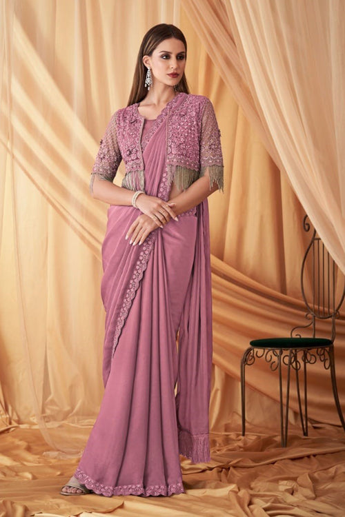 Baby Pink Wedding Wear Embroidered Saree In Chiffon Silk