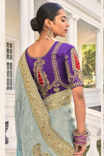 Light Blue And Grey Jacquard Silk Embroidered Saree For Wedding