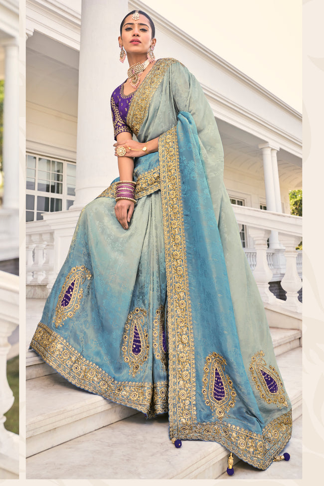 Light Blue And Grey Jacquard Silk Embroidered Saree For Wedding