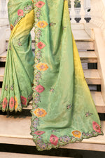 Yellow And Light Green Jacquard Silk Saree For Wedding