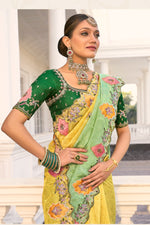 Yellow And Light Green Jacquard Silk Saree For Wedding