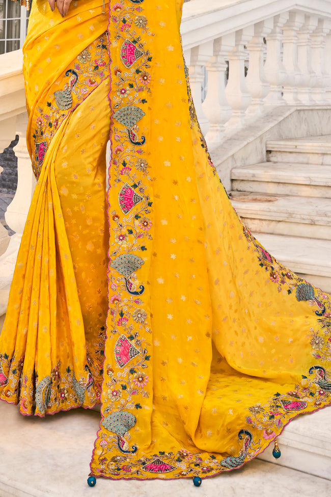 Yellow Embroidered Silk Saree