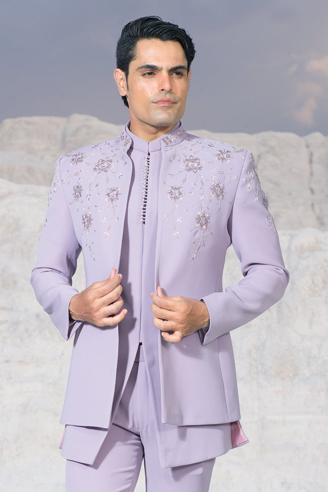 Lavender Thread Embroidered Raw Silk Jodhpuri Mens Suit