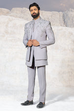 Grey Thread Embroidered Raw Silk Jodhpuri Mens Suit