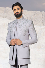 Grey Thread Embroidered Raw Silk Jodhpuri Mens Suit