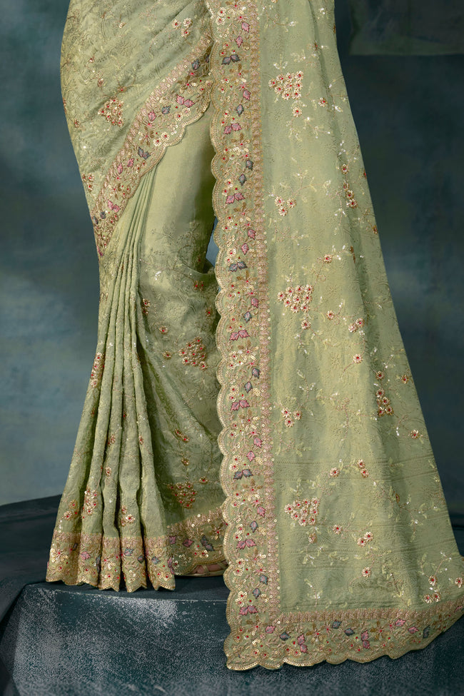 Pista Green Cut Dana & Mirror Work Designer Embroidered Saree