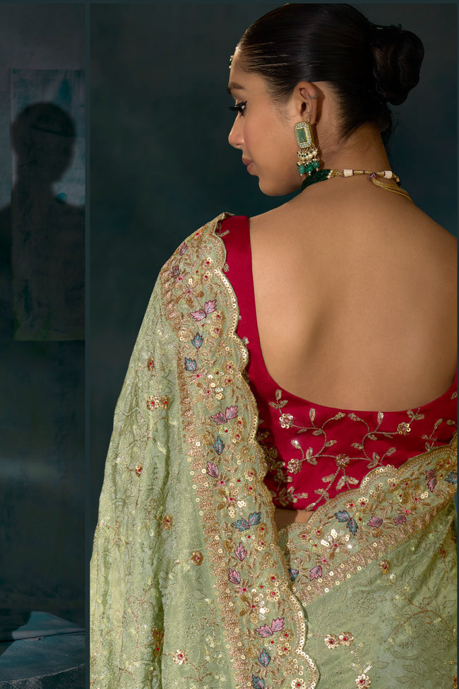 Pista Green Cut Dana & Mirror Work Designer Embroidered Saree