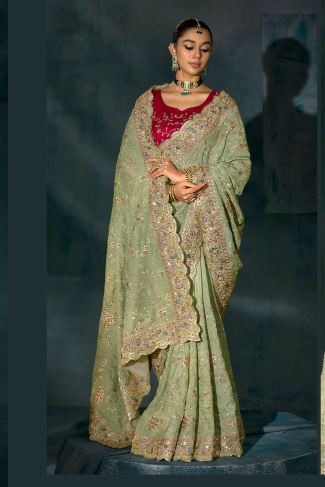 Pista Green Cut Dana & Mirror Work Designer Embroidered Saree
