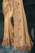 Cream Silk Cut Dana & Mirror Work Designer Saree