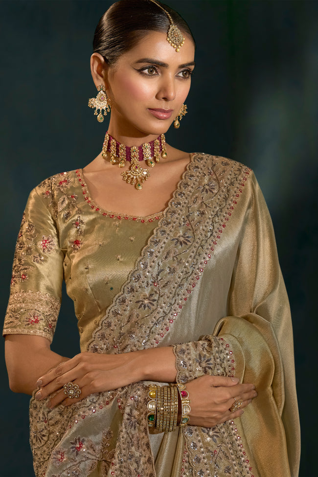 Grey Heavy Work Wedding Wear Ziraf Silk Designer Saree