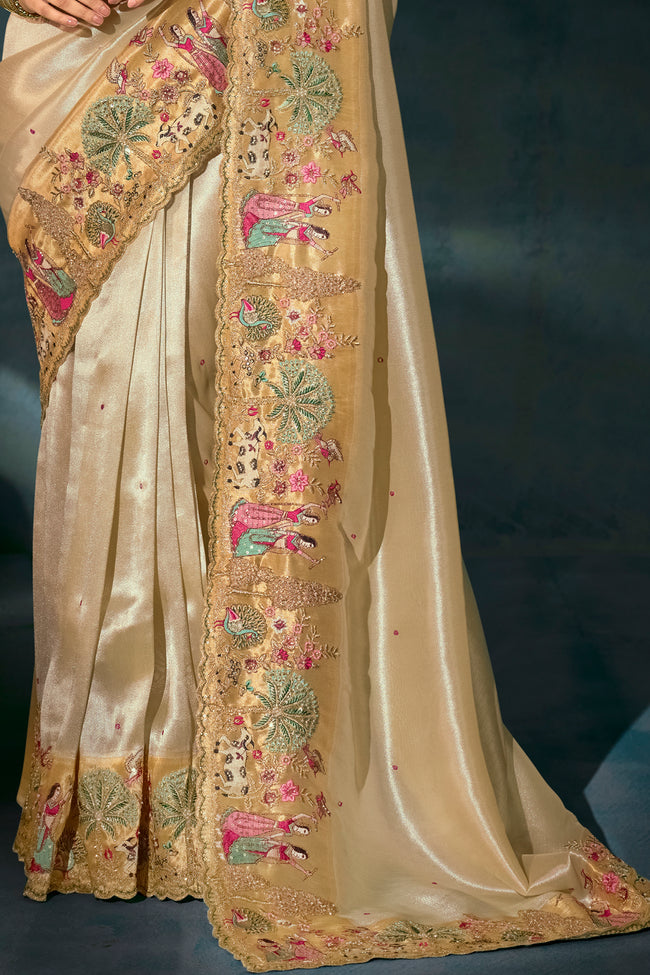Cream Silk Cut Dana Classic Designer Saree