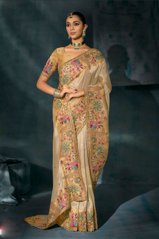 Cream Silk Cut Dana Classic Designer Saree