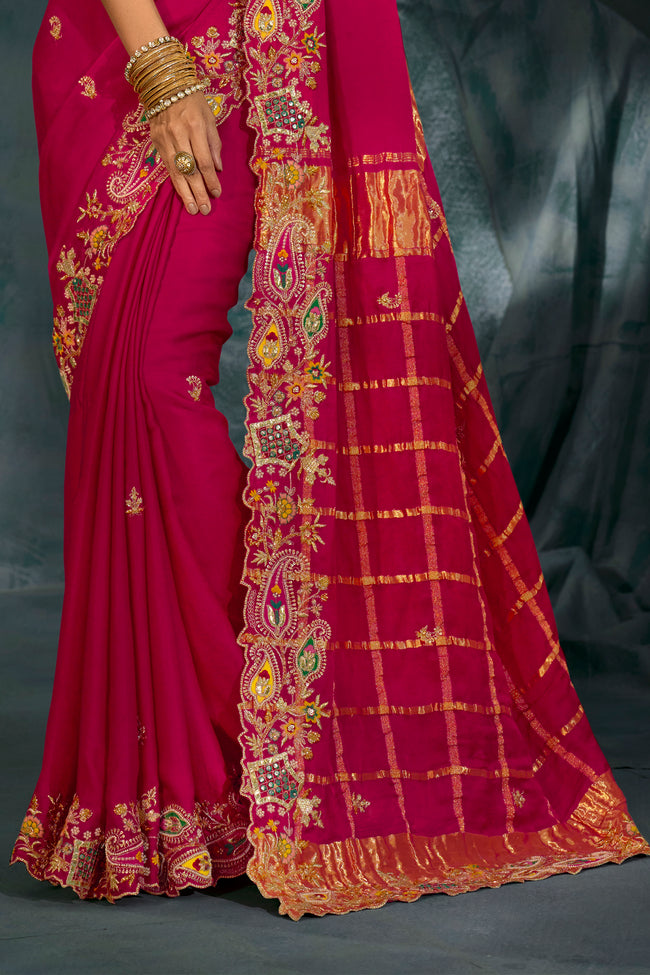Pink Zari Work Heavy Border Silk Saree