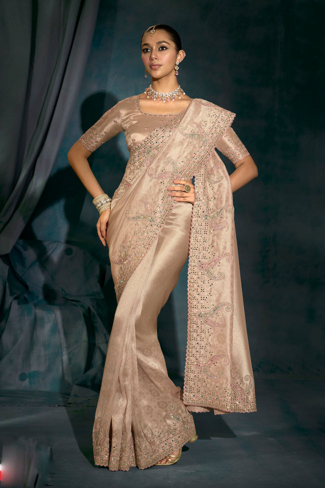 Rose Gold Cut Dana & Mirror Work Designer Saree