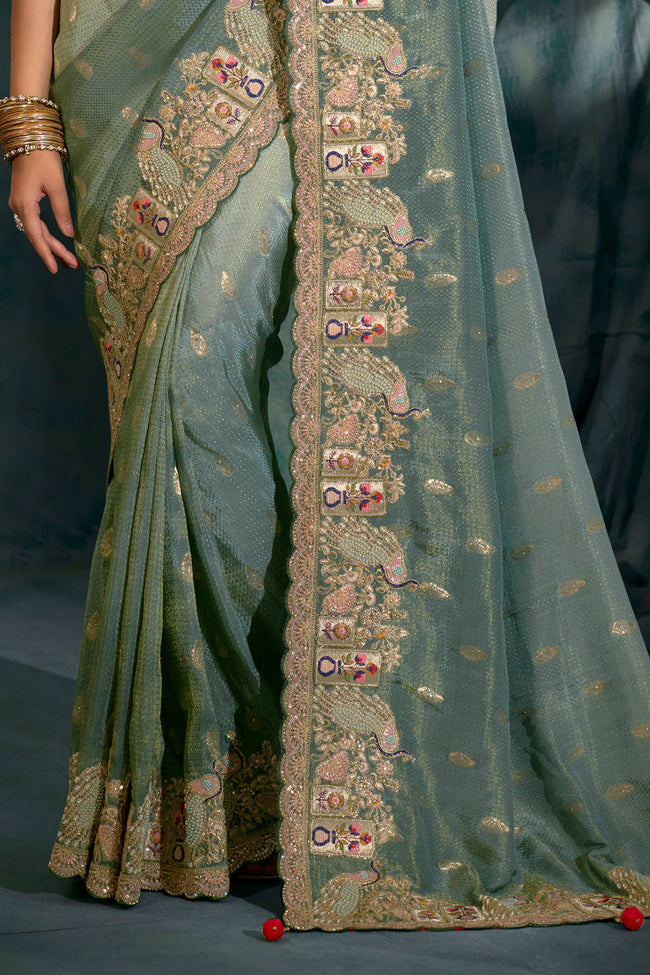 Gray Cut Dana & Mirror Work Designer Saree