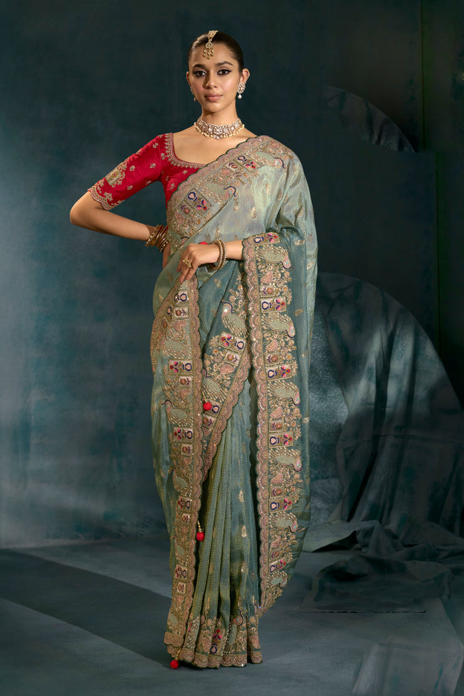 Gray Cut Dana & Mirror Work Designer Saree