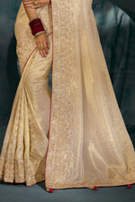 Cream Heavy Work Wedding Wear Ziraf Silk Designer Saree