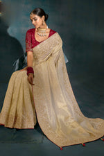 Cream Heavy Work Wedding Wear Ziraf Silk Designer Saree