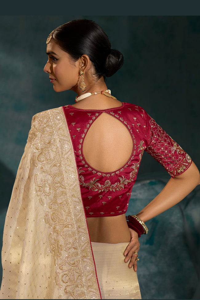 Cream Heavy Work Wedding Wear Ziraf Silk Designer Saree