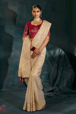 Cream Heavy Work Wedding Wear Ziraf Silk Designer Saree