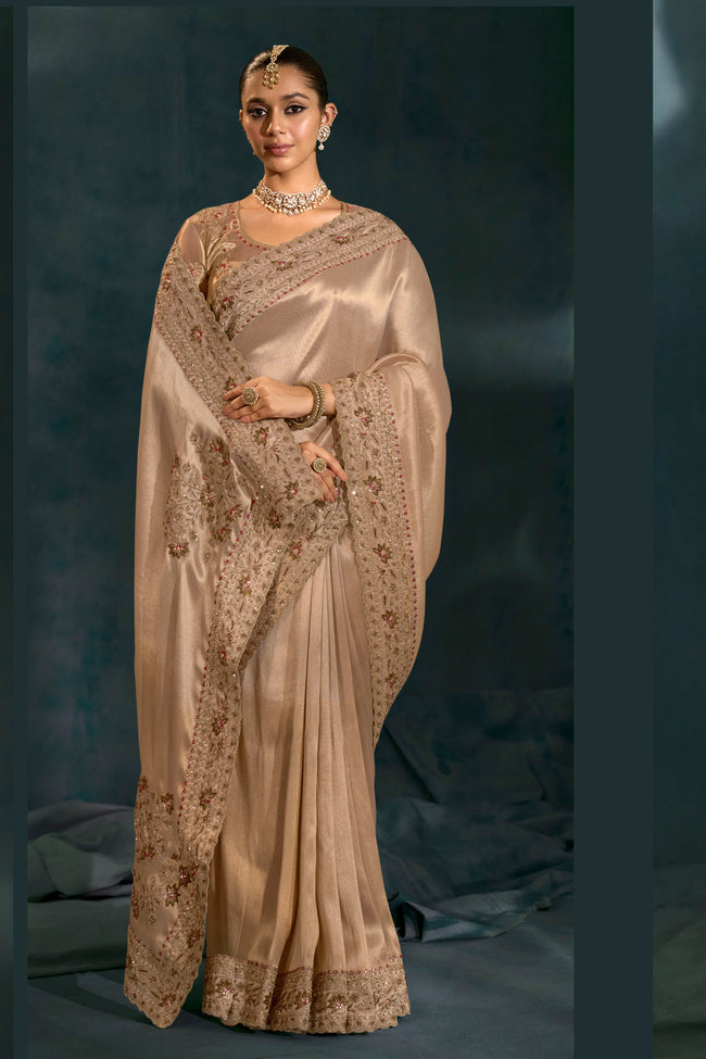Golden Heavy Work Wedding Wear Ziraf Silk Designer Saree