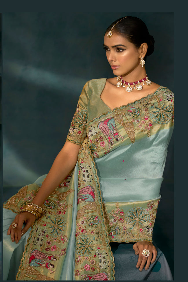 Sea Green Cut Dana & Mirror Work Designer Saree
