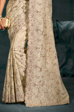 Cream Heavy Work Wedding Wear Banarasi Zari Designer Saree