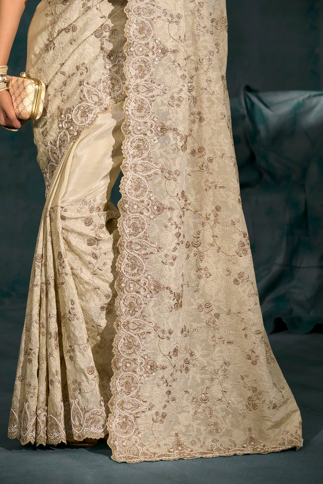 Cream Heavy Work Wedding Wear Banarasi Zari Designer Saree