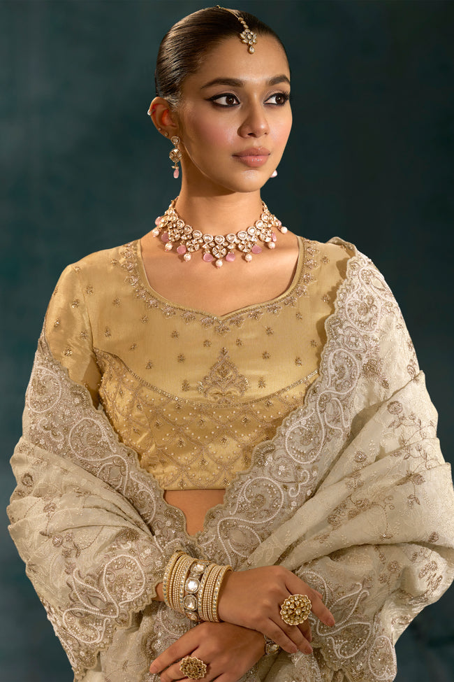 Cream Heavy Work Wedding Wear Banarasi Zari Designer Saree